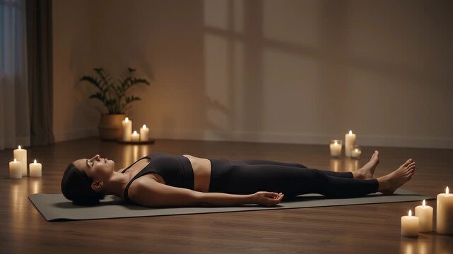 Horizontal video of a calm young woman lying in corpse pose Savasana on a yoga mat in a cozy room with lit candles