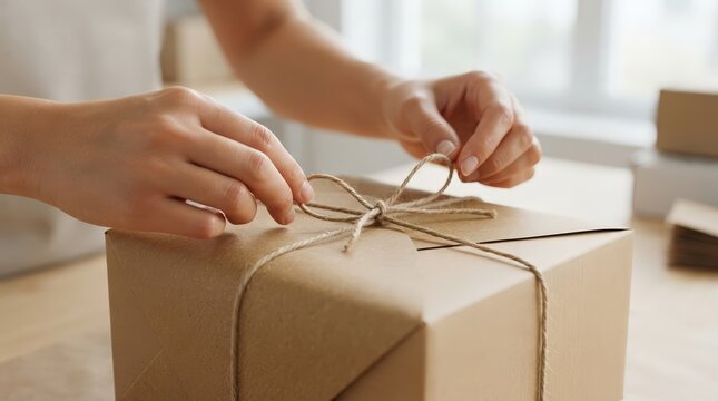 Hands wrapping a gift box with string, preparing for shipping
