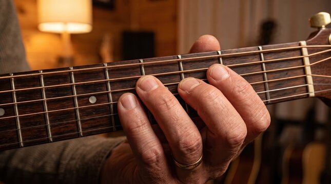 Close-up of a hand playing a guitar chord on a fretboard
