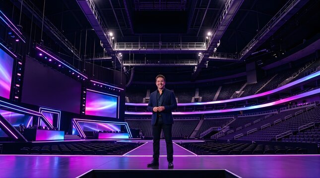 Professional speaker standing on stage in a dark modern event arena