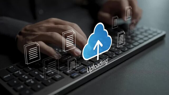 Digital cloud upload and data transfer concept. Person typing keyboard with cloud upload, arrow and document icons, secure file hosting, online backup and fast server synchronization.