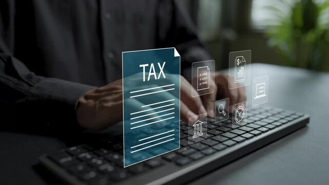 Government tax and VAT calculation concept. Person using laptop with state taxes, percentage and finance icons, online tax return filing, government compliance and financial planning.