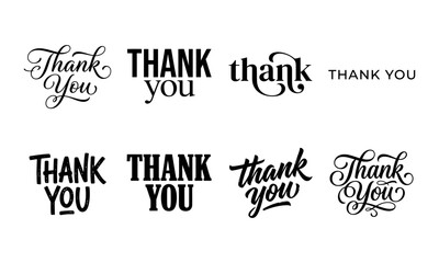 Fototapeta premium Set of eight black thank you calligraphy and typography text designs
