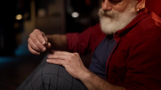 Upset bearded man in his 50s holds wedding ring, thinking about separation