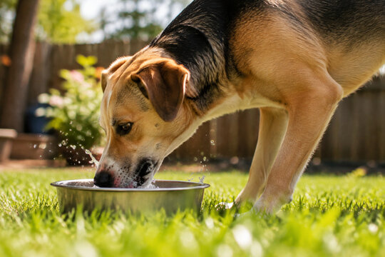 Dog drinking water from metal bowl in backyard, pet hydration and thirst