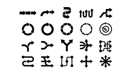 Fototapeta premium Collection of black arrow and circular diagram flat icons on a white background