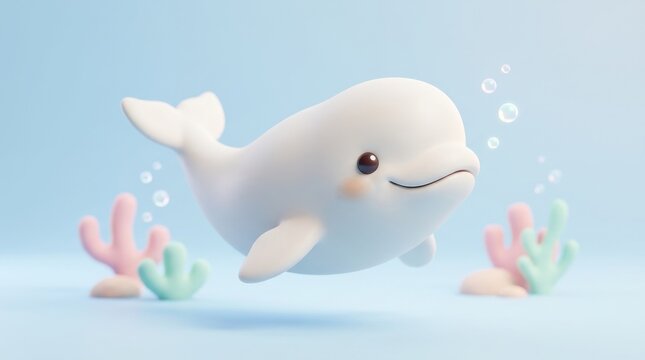 A cute cartoon beluga whale swims among colorful corals in a serene underwater scene.
