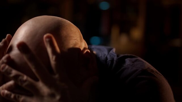 Upset bearded man in his 50s cries, overwhelmed by despair and life crisis