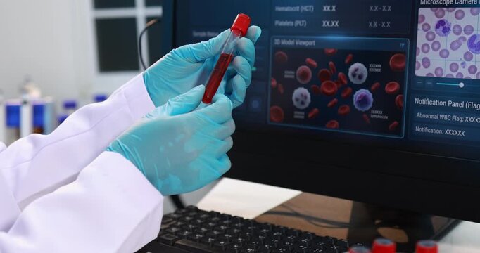 Scientist in gloves holding a blood sample tube beside a computer screen blood cell analysis in a modern medical lab.