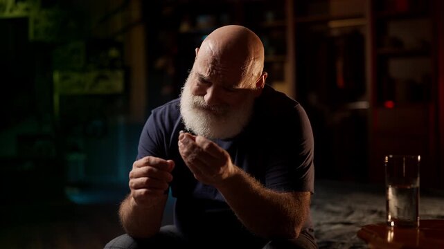 Unhappy middle-aged man takes antidepressant with water, coping with depression