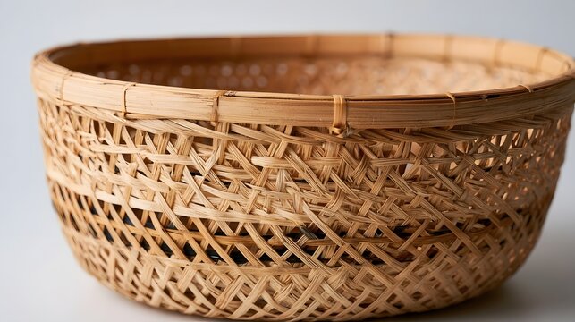 Handwoven bamboo basket with intricate crisscross pattern and natural light highlighting its textured surface