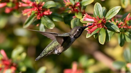 Fototapeta premium A hummingbird hovers near red tubular flowers its iridescent green feathers catching sunlight as it feeds