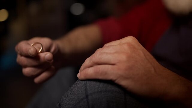 Middle-aged man holds wedding ring, struggling with loneliness after divorce