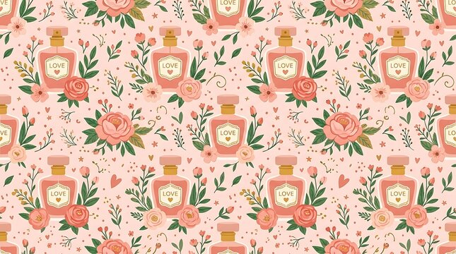 Elegant perfume bottles and roses seamless pattern illustration