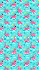 Pink flamingo pool floats pattern on blue water background
