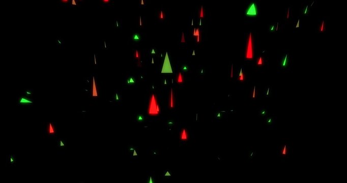 Abstract red and green geometric pyramid shapes rising and falling on black background