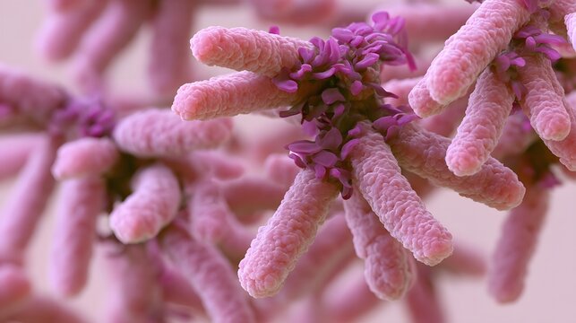 Close up of pink textured microbial structures with purple floral like formations at junctions