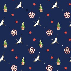 Naklejka premium Japanese New Year seamless pattern with flying crane, kadomatsu, mizuhiki knot and plum blossoms on deep navy blue background