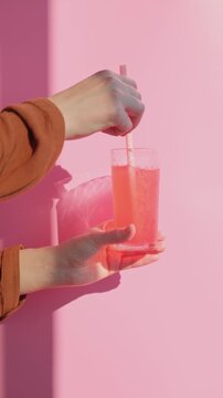 Vertical video of pink berry lemonade with straw in a glass in woman's hand on bright pink background	