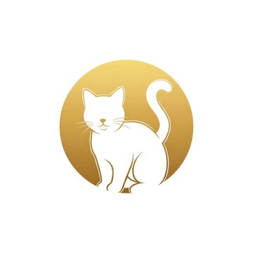 White Cat Silhouette Icon Logo Vector Illustration Golden Oval Sitting Smiling Flat Design Stock Background