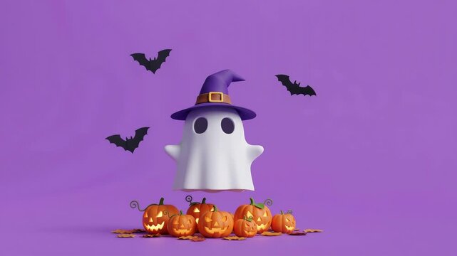 Floating ghost wearing a witch hat surrounded by jackolanterns