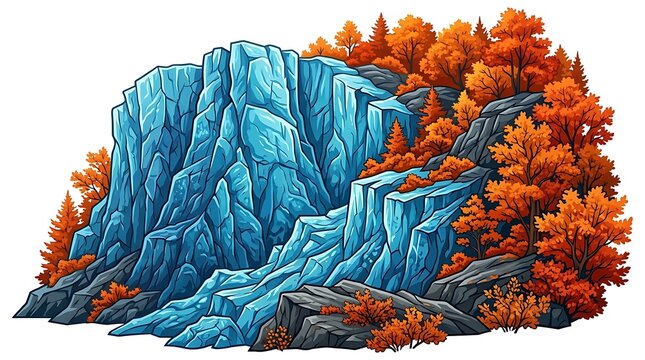 Blue rocky cliff with orange autumn trees on white background