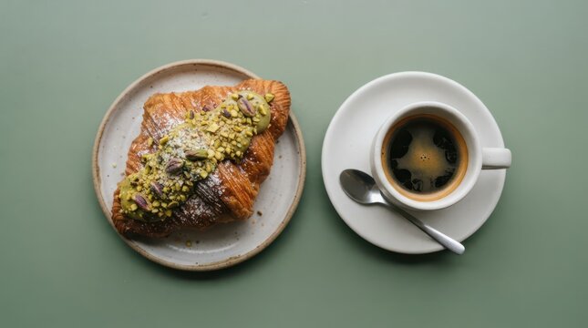 Pistachio croissant with coffee on a green background
