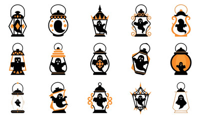 Obraz premium Set of fifteen decorative vintage lanterns containing spooky ghosts for festive halloween party invitations and holiday season graphic designs