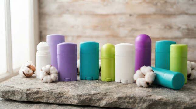 Collection of colorful deodorant sticks and antiperspirants with cotton flowers