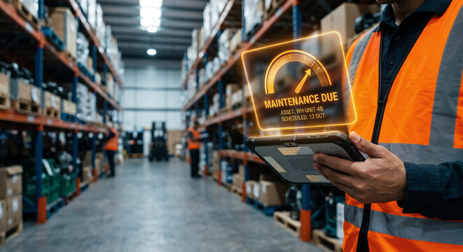 Warehouse technician hand holding tablet with holographic AI predictive maintenance alert gauge, industrial equipment 