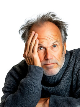 Portrait of an exhausted mature caucasian man resting his head on his hand isolated on a transparent background