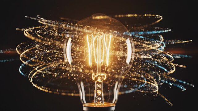 Glowing Light Bulb with Swirling Particles.