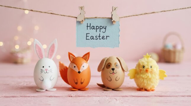 Easter egg characters representing a rabbit, fox, dog, and chick with a happy easter sign