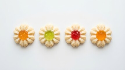Obraz premium Four flowershaped cookies with colorful fruit jelly centers isolated on white background