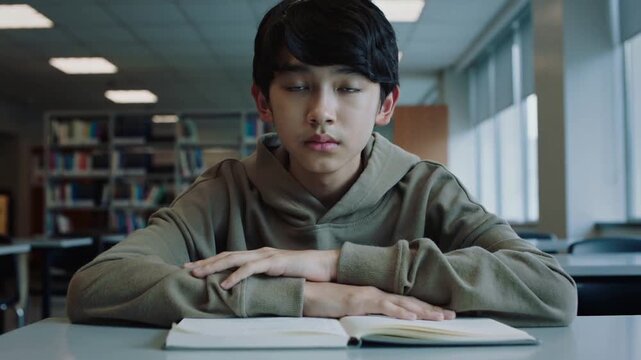 Looking teen student shifting gaze from open book after reading in library, olive-green hoodie