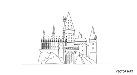 Fototapeta premium Fantasy Castle Outline Drawing, Medieval Fortress Isolated on Transparent Background