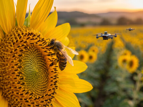 Honeybee collecting nectar from sunflower with agricultural drones flying over field at sunset