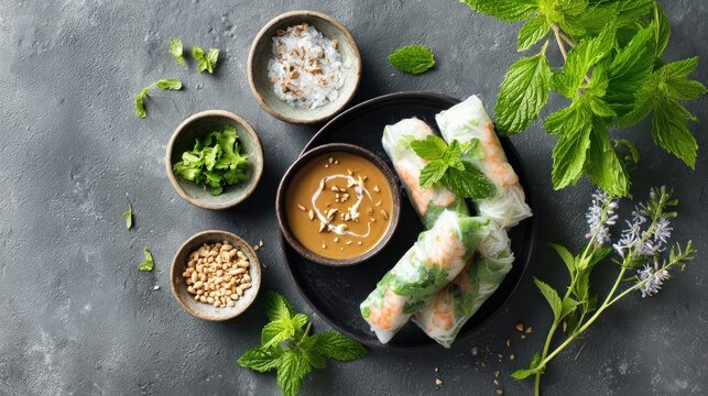 Spring Rolls Arrangement with Dipping Sauce, Peanuts, Herbs, and Fresh Mint Featuring Vietnamese, Cuisine
