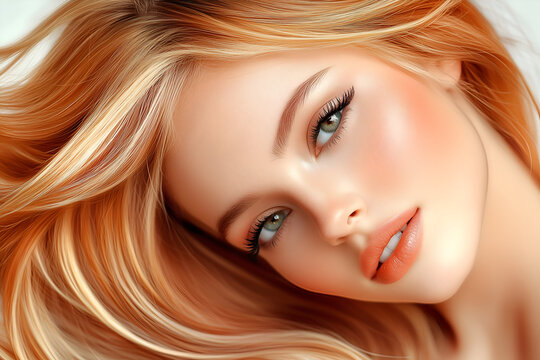 Close up beauty portrait of a young caucasian woman with glowing skin and long wavy blonde hair on a white background