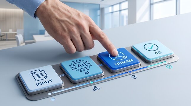 Man presses human button on futuristic interface with AI and input options