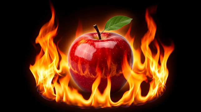 Glowing red apple burning in intense summer flames marking the end of school for the holidays