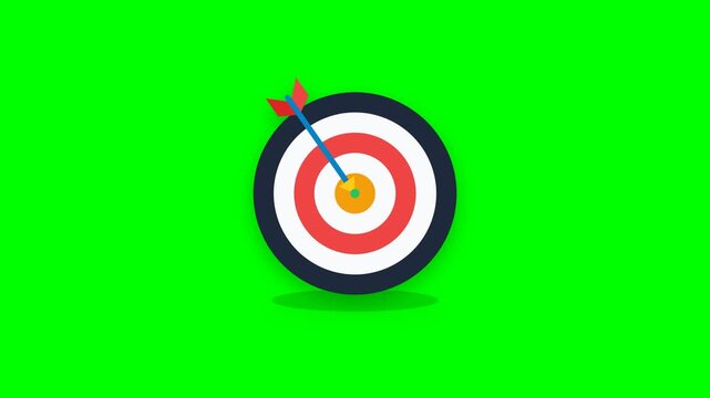 Animated popup target bullseye hit by an arrow on chroma key green screen background, perfect motion graphic for video editing, symbolizing success, goal achievement, and accuracy