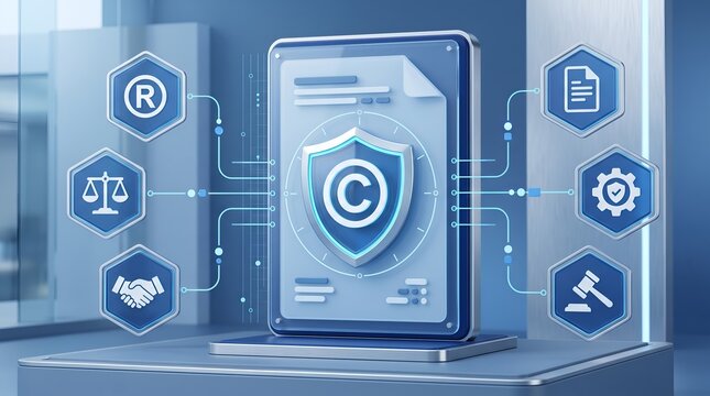 Digital copyright protection concept with shield and legal icons