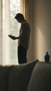 A contemplative silhouette of an adult standing by a window holding a book in soft morning light, vertical frame, figure in the upper portion
