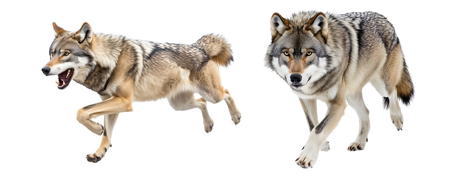 Two wild grey wolves running and walking isolated on a transparent background
