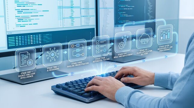 Modern software development workflow with AI and cloud stages