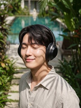 Asian man closing eyes wearing headphones at resort garden