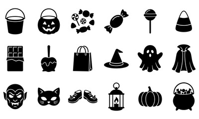 Halloween Trick or Treat Candy and Costumes Silhouette Icons