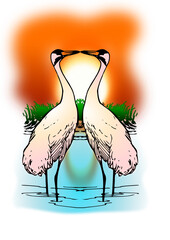 Naklejka premium Two Cranes Facing Each Other at Sunset Love Vector Illustration