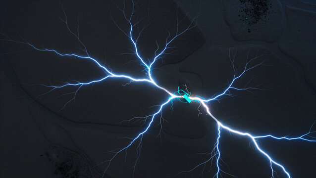 Aerial view of dendritic glowing electric branching on shoreline